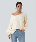 V Neck Dropped Shoulder Long Sleeve Split Casual Jumper — Gardenia — view 4