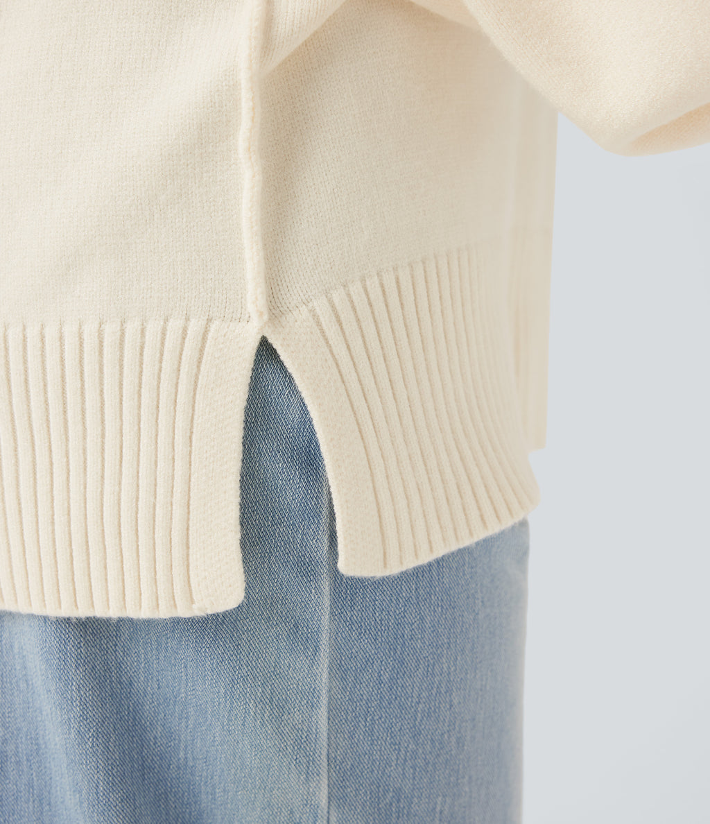 V Neck Dropped Shoulder Long Sleeve Split Casual Jumper — Gardenia — view 6