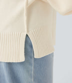 V Neck Dropped Shoulder Long Sleeve Split Casual Jumper — Gardenia — view 6