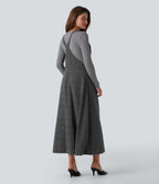 Houndstooth Plaid Midi Work Jumper Dress with Pockets — Charcoal Black Houndstooth Plaid — view 2