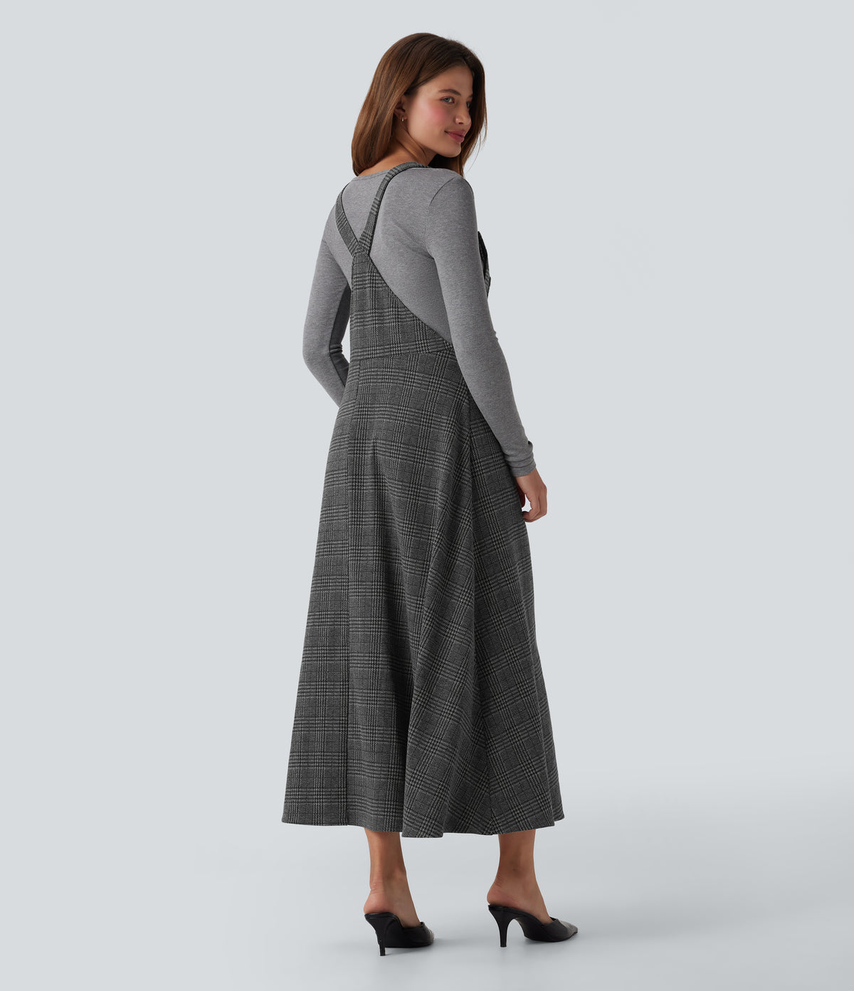 Houndstooth Plaid Midi Work Jumper Dress with Pockets — Charcoal Black Houndstooth Plaid — view 2