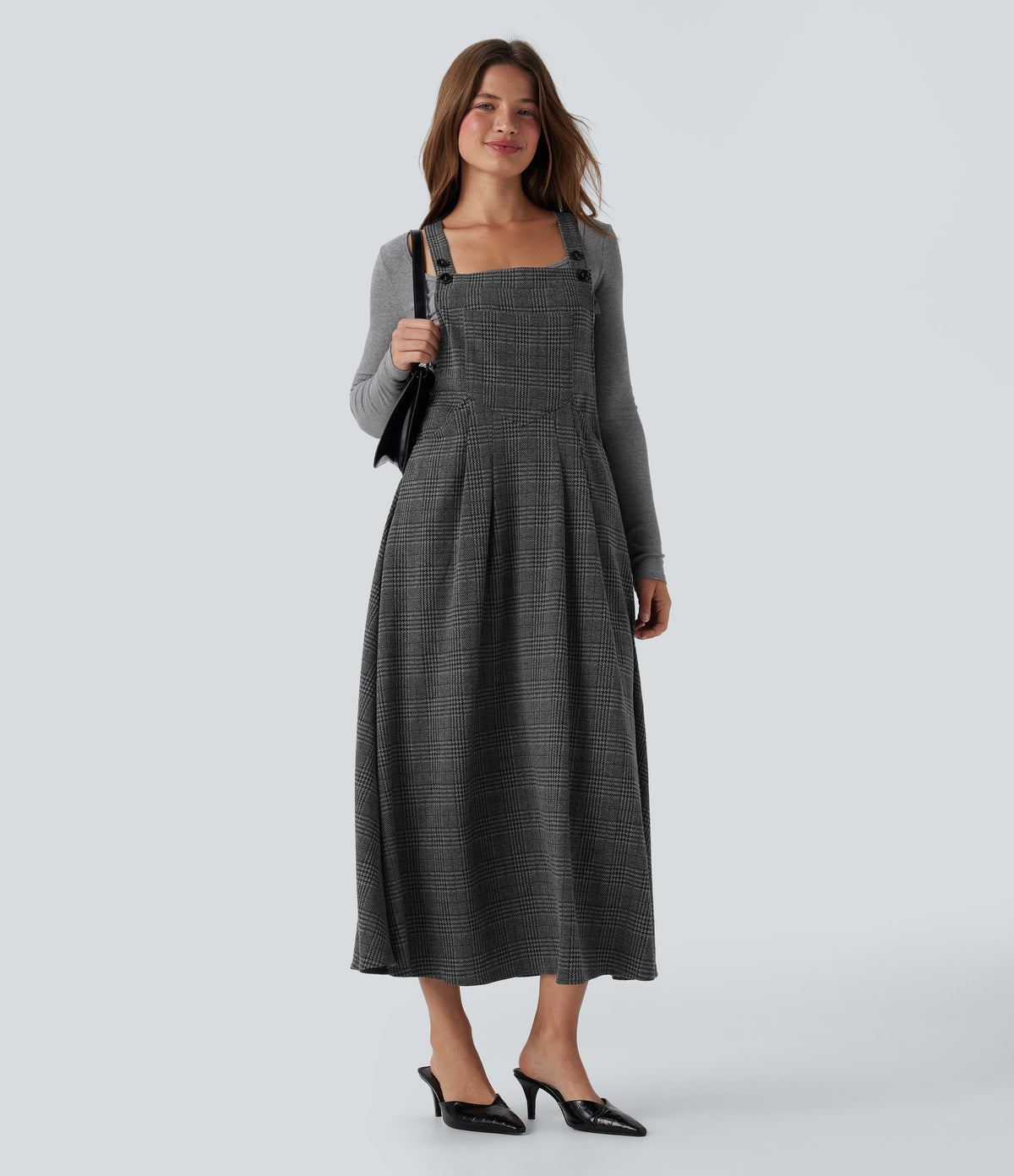 Houndstooth Plaid Midi Work Jumper Dress with Pockets — Charcoal Black Houndstooth Plaid — view 6
