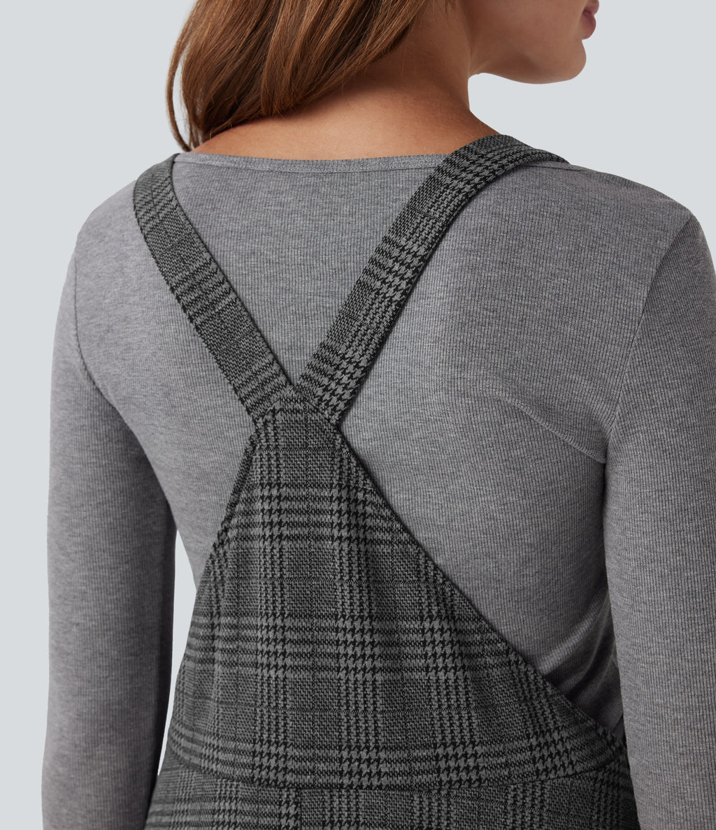 Houndstooth Plaid Midi Work Jumper Dress with Pockets — Charcoal Black Houndstooth Plaid — view 4