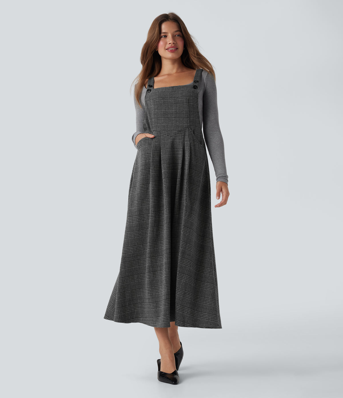 Houndstooth Plaid Midi Work Jumper Dress with Pockets — Charcoal Black Houndstooth Plaid — view 1