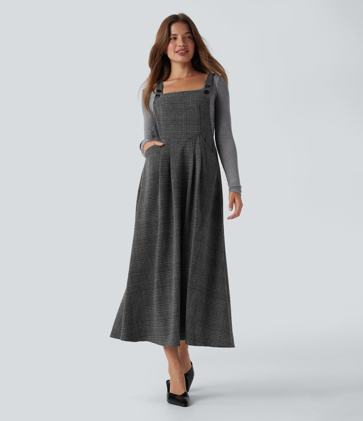 Houndstooth Plaid Midi Work Jumper Dress with Pockets — Charcoal Black Houndstooth Plaid — view 1