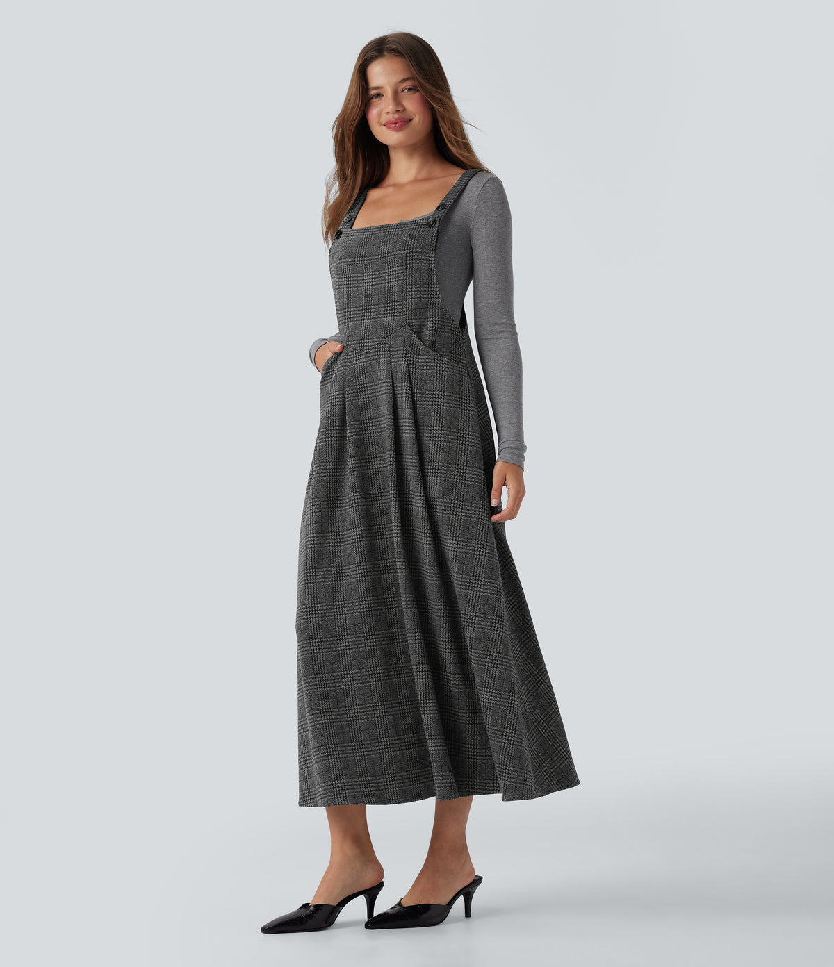 Houndstooth Plaid Midi Work Jumper Dress with Pockets — Charcoal Black Houndstooth Plaid — view 3