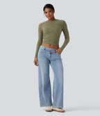Ribbed Knit Long Sleeve Cropped Capri Fleece Casual Top — Moss Green Floral Velvet — view 5