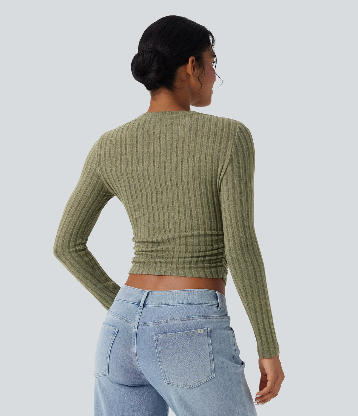 Ribbed Knit Long Sleeve Cropped Capri Fleece Casual Top — Moss Green Floral Velvet — view 2