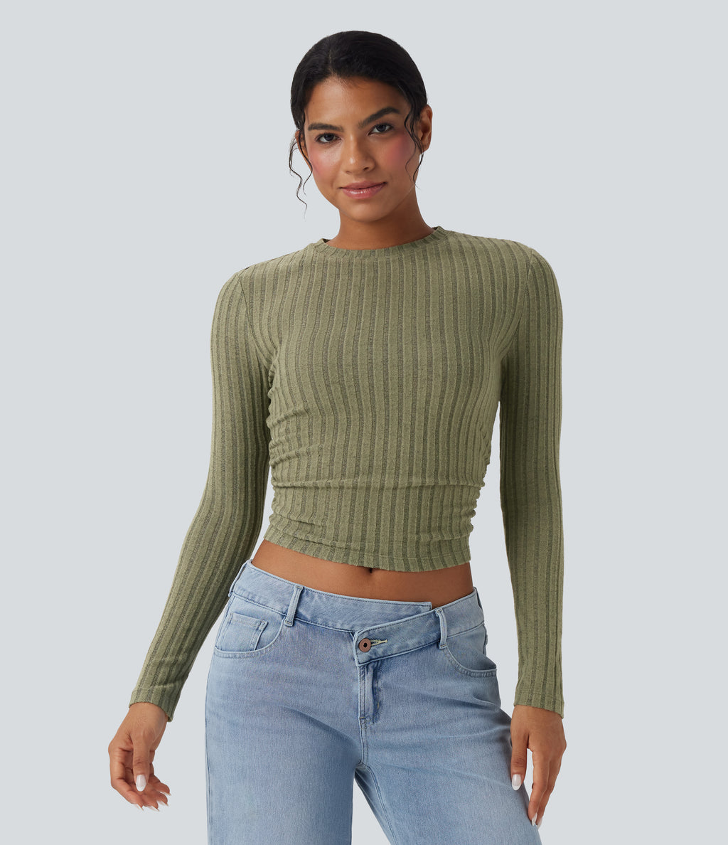 Ribbed Knit Long Sleeve Cropped Capri Fleece Casual Top — Moss Green Floral Velvet — view 1