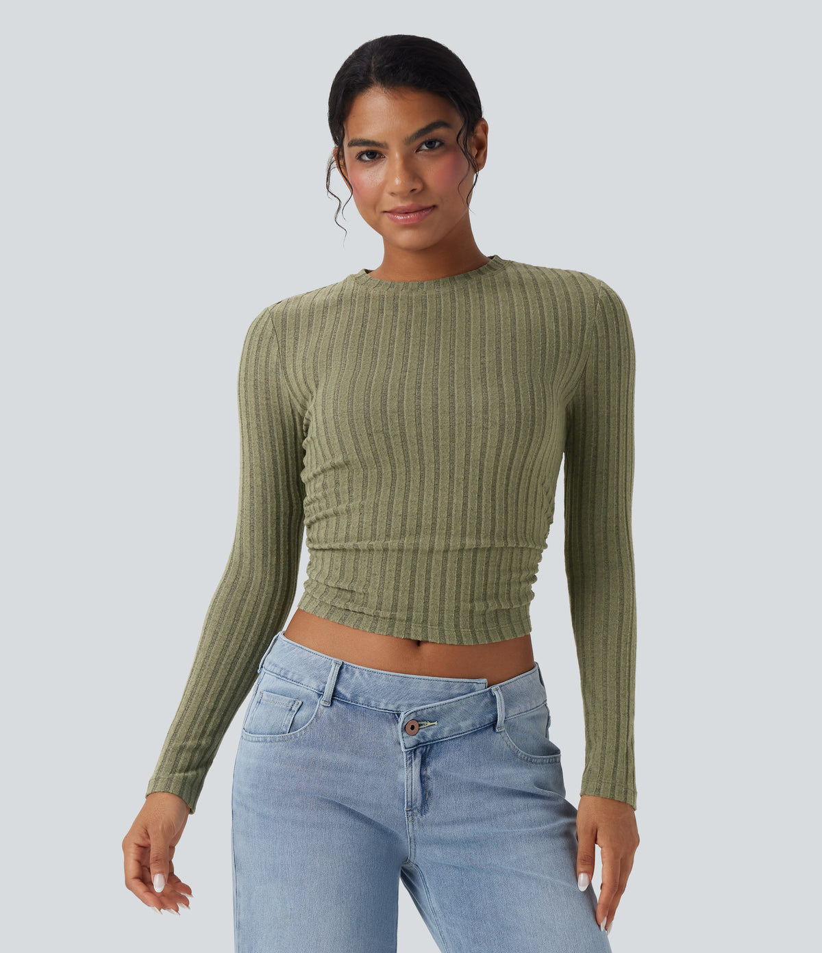 Ribbed Knit Long Sleeve Cropped Capri Fleece Casual Top — Moss Green Floral Velvet — view 1