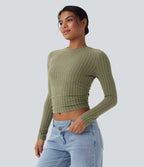 Ribbed Knit Long Sleeve Cropped Capri Fleece Casual Top — Moss Green Floral Velvet — view 3