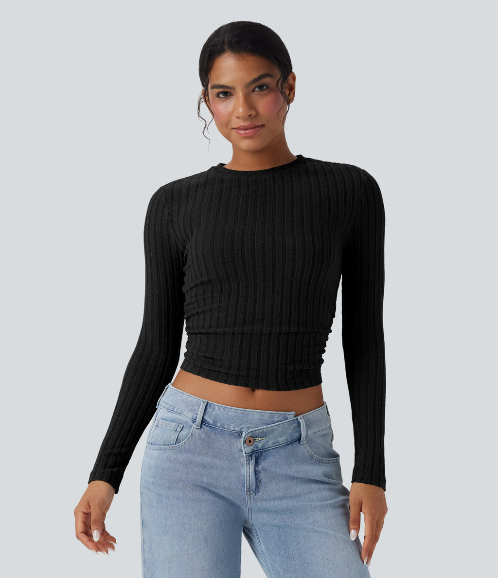 Ribbed Knit Long Sleeve Cropped Capri Fleece Casual Top — Black — view 6