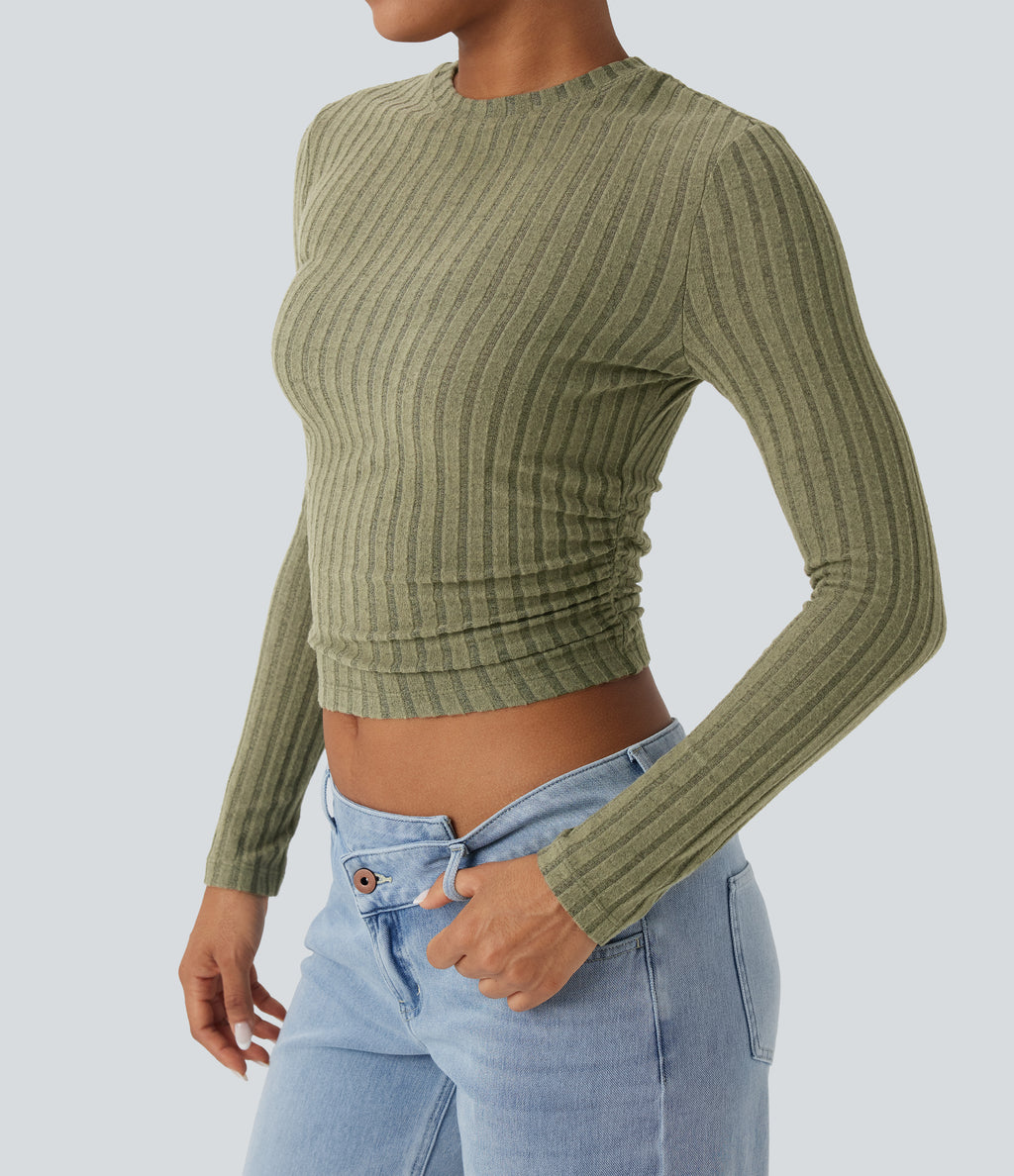 Ribbed Knit Long Sleeve Cropped Capri Fleece Casual Top — Moss Green Floral Velvet — view 4