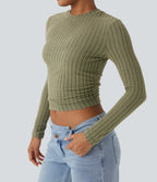 Ribbed Knit Long Sleeve Cropped Capri Fleece Casual Top — Moss Green Floral Velvet — view 4