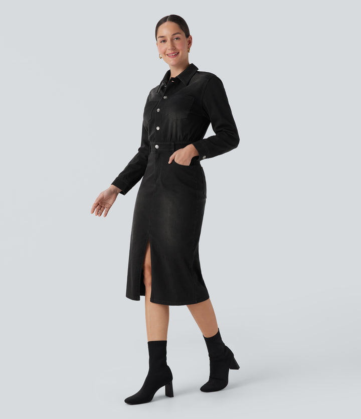 Denim Long Sleeve Midi Casual Shirt Dress with Pockets — Phantom Denim — view 1