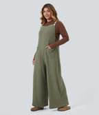 Ribbed Knit Fleece Casual Plus Size Dungarees with Pockets — Moss Green Floral Velvet — view 3