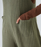 Ribbed Knit Fleece Casual Plus Size Dungarees with Pockets — Moss Green Floral Velvet — view 5