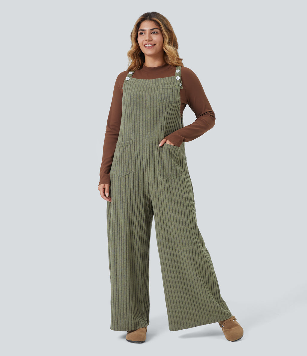 Ribbed Knit Fleece Casual Plus Size Dungarees with Pockets — Moss Green Floral Velvet — view 1