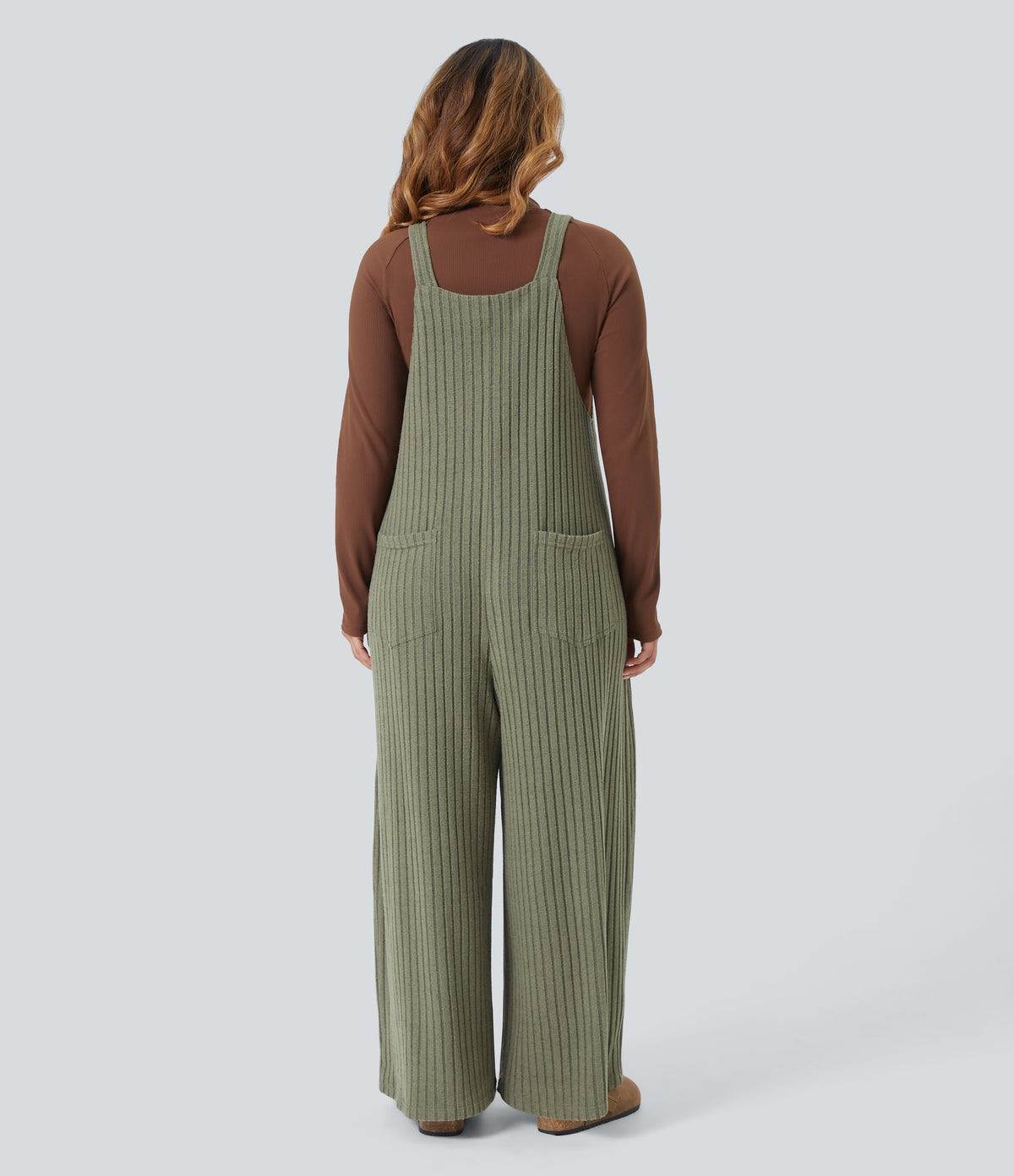 Ribbed Knit Fleece Casual Plus Size Dungarees with Pockets — Moss Green Floral Velvet — view 2