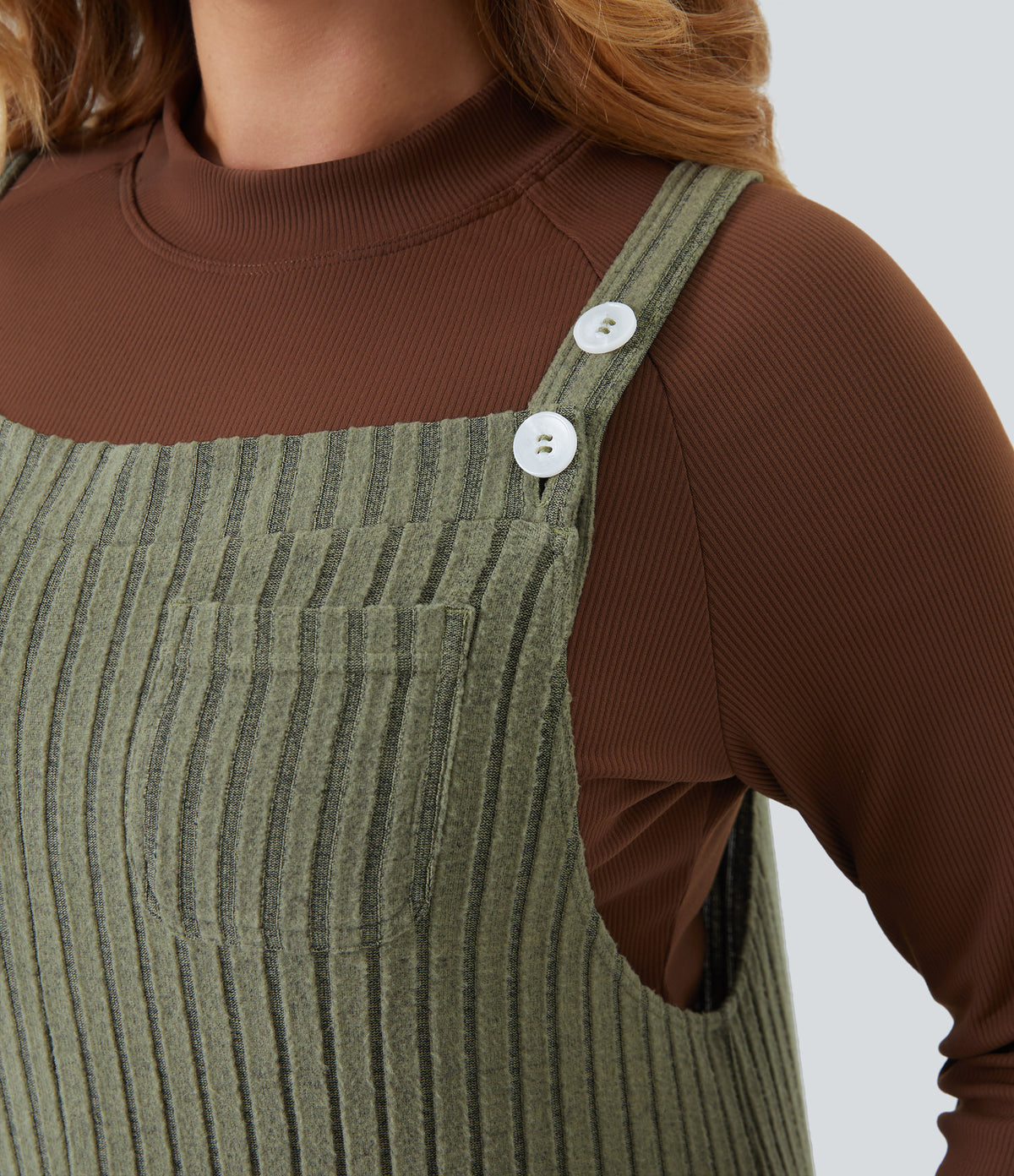 Ribbed Knit Fleece Casual Plus Size Dungarees with Pockets — Moss Green Floral Velvet — view 4