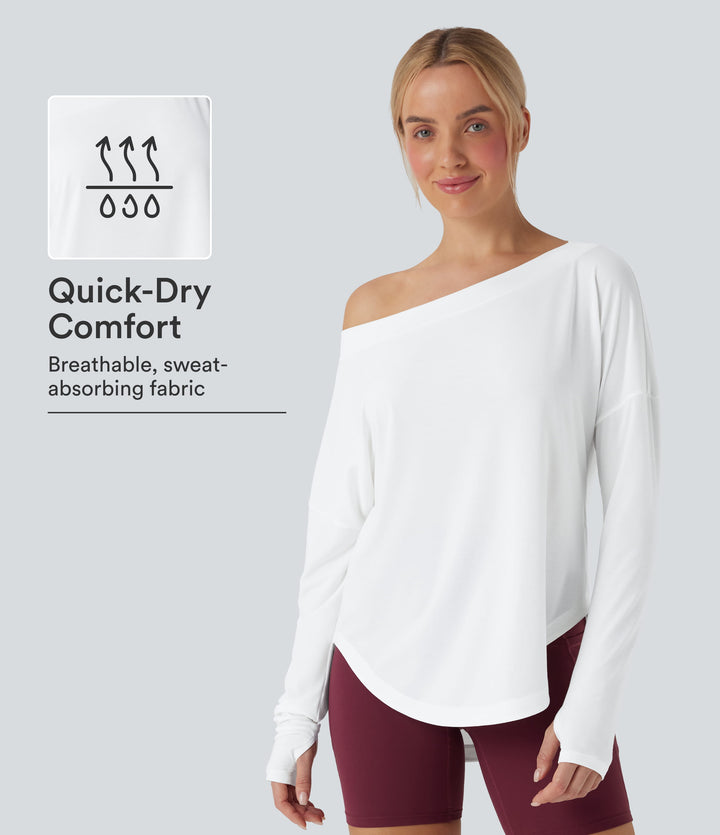 One Shoulder Long Sleeve Thumb Hole Curved Hem High Low Quick Dry Yoga Sports Top — White — view 1
