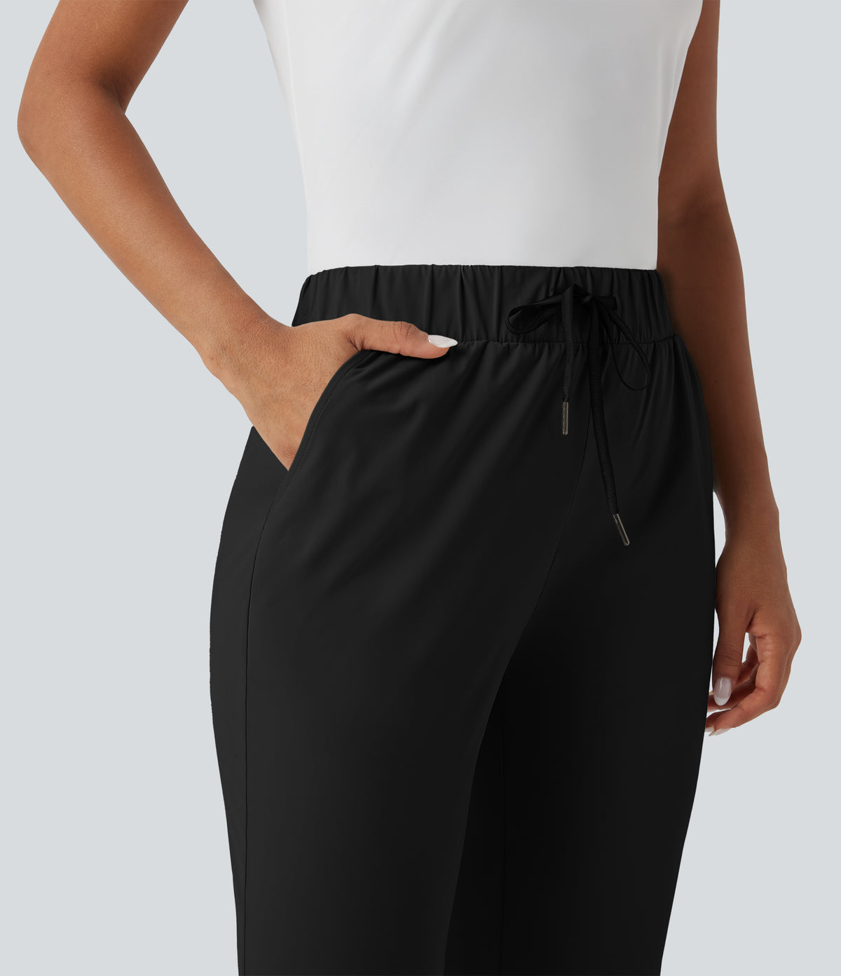 High Waisted Drawstring Pockets Quick Dry Golf Tapered Trousers-Golf Tee Pocket — Black — view 5