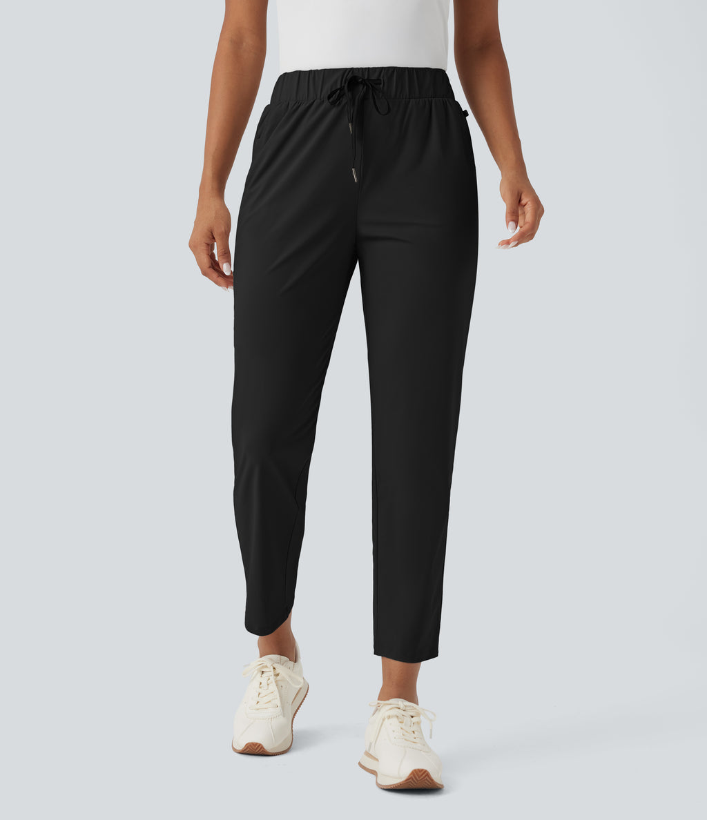 High Waisted Drawstring Pockets Quick Dry Golf Tapered Trousers-Golf Tee Pocket — Black — view 3