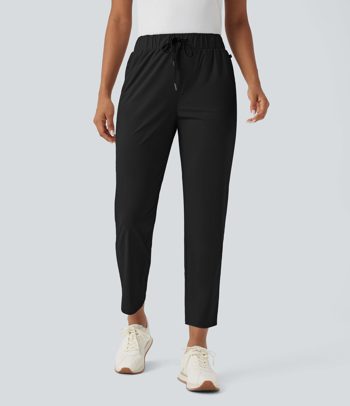 High Waisted Drawstring Pockets Quick Dry Golf Tapered Trousers-Golf Tee Pocket — Black — view 3