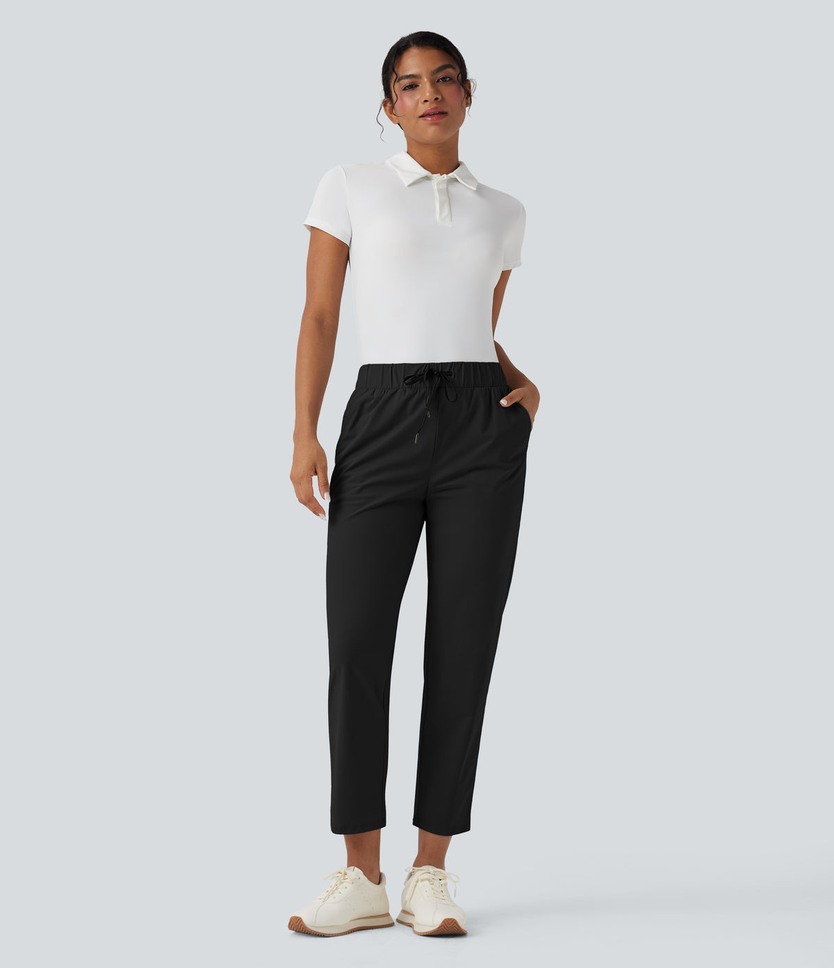 High Waisted Drawstring Pockets Quick Dry Golf Tapered Trousers-Golf Tee Pocket — Black — view 7
