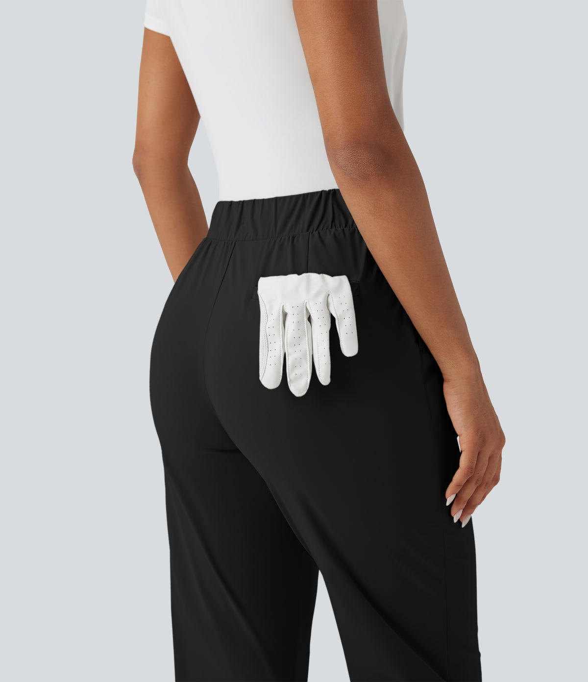 High Waisted Drawstring Pockets Quick Dry Golf Tapered Trousers-Golf Tee Pocket — Black — view 6
