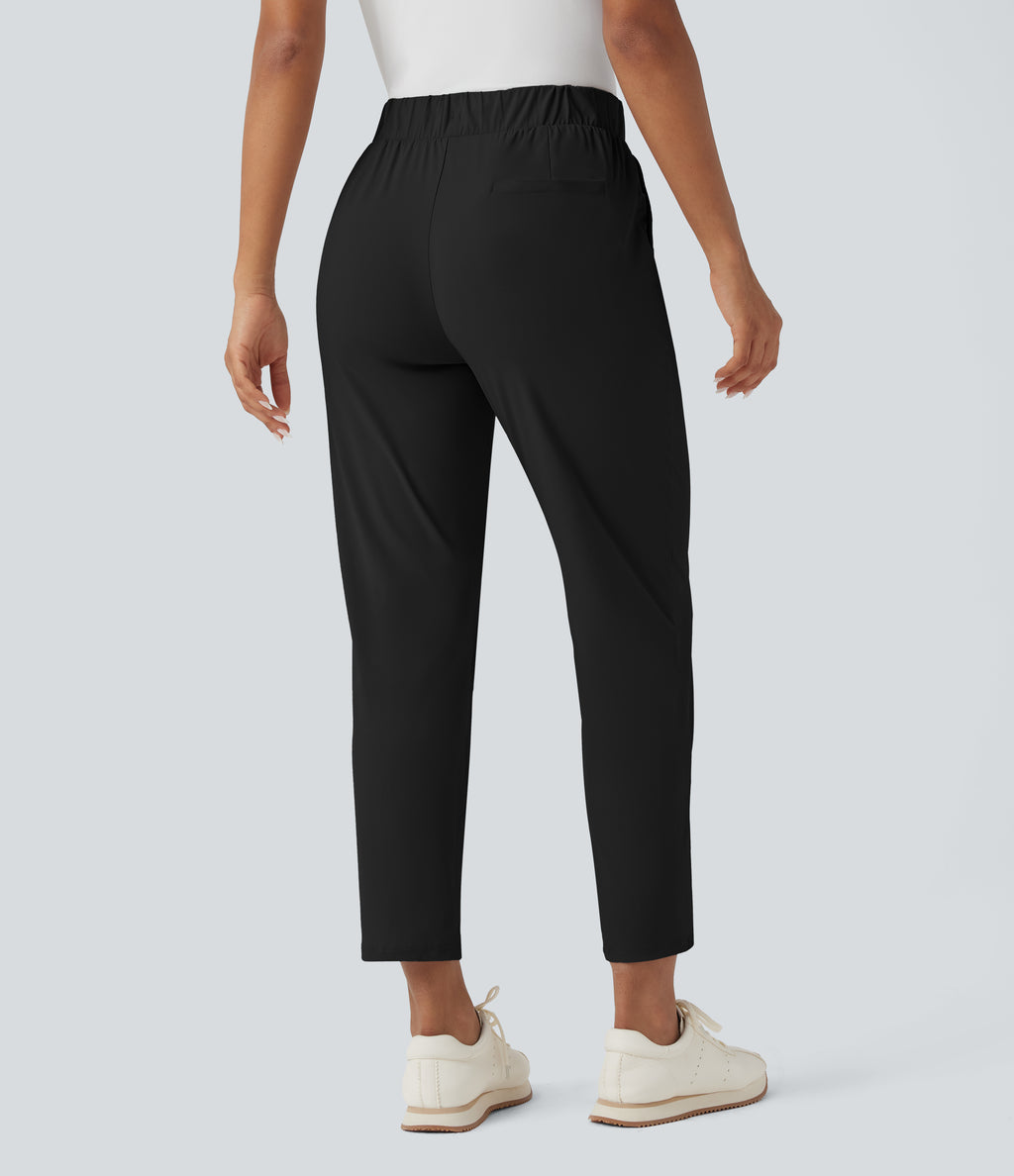 High Waisted Drawstring Pockets Quick Dry Golf Tapered Trousers-Golf Tee Pocket — Black — view 2