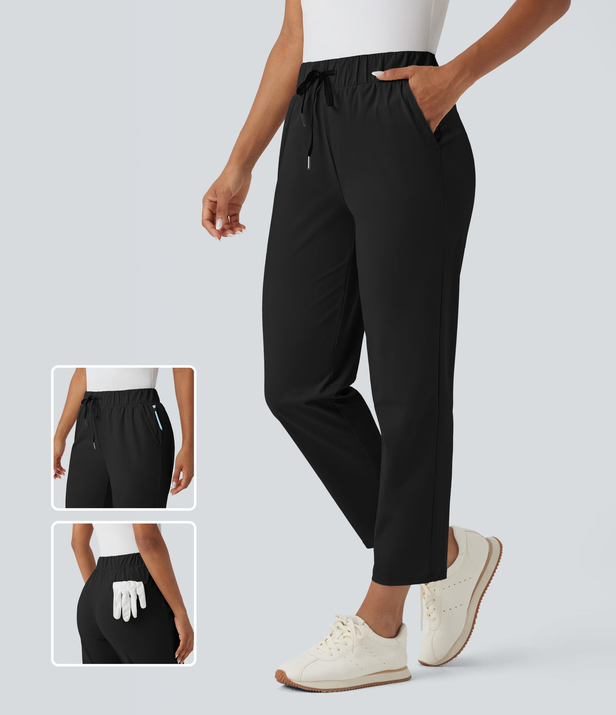 High Waisted Drawstring Pockets Quick Dry Golf Tapered Trousers-Golf Tee Pocket — Black — view 1