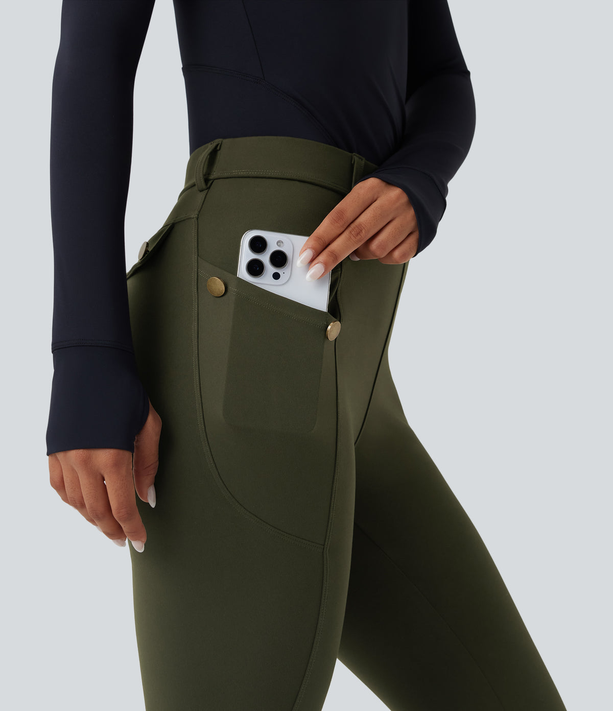 High Waisted Slim Trousers with Pockets — Forest Night — view 6