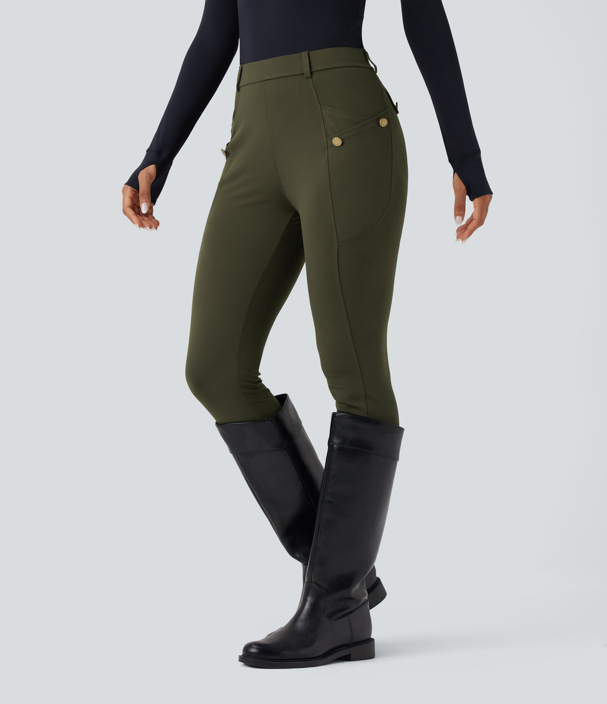 High Waisted Slim Trousers with Pockets — Forest Night — view 2