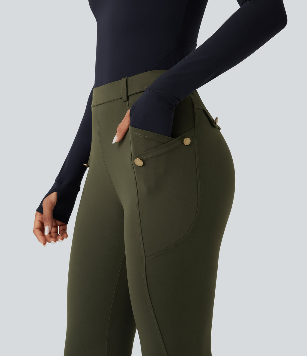 High Waisted Slim Trousers with Pockets — Forest Night — view 5