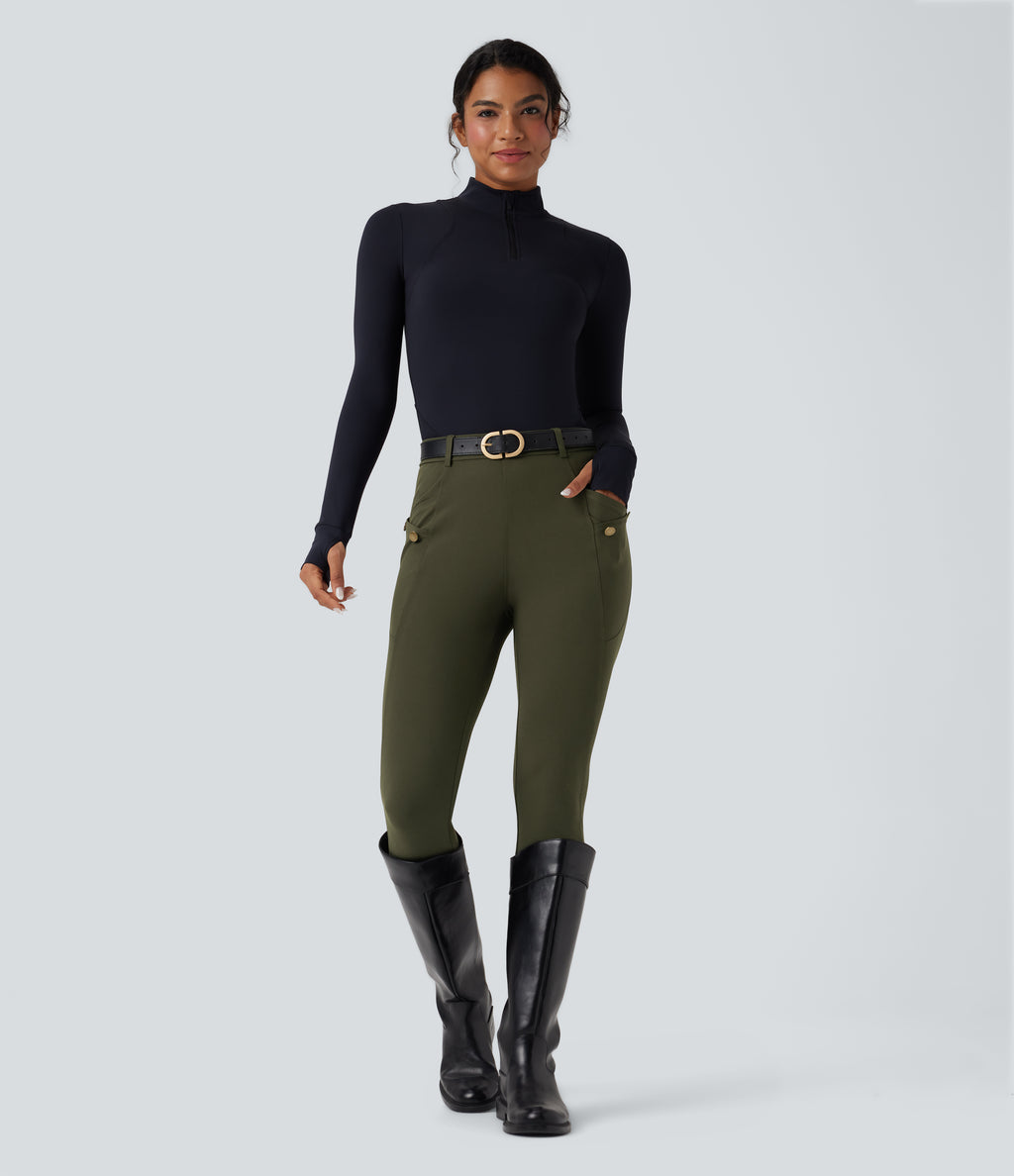 High Waisted Slim Trousers with Pockets — Forest Night — view 8