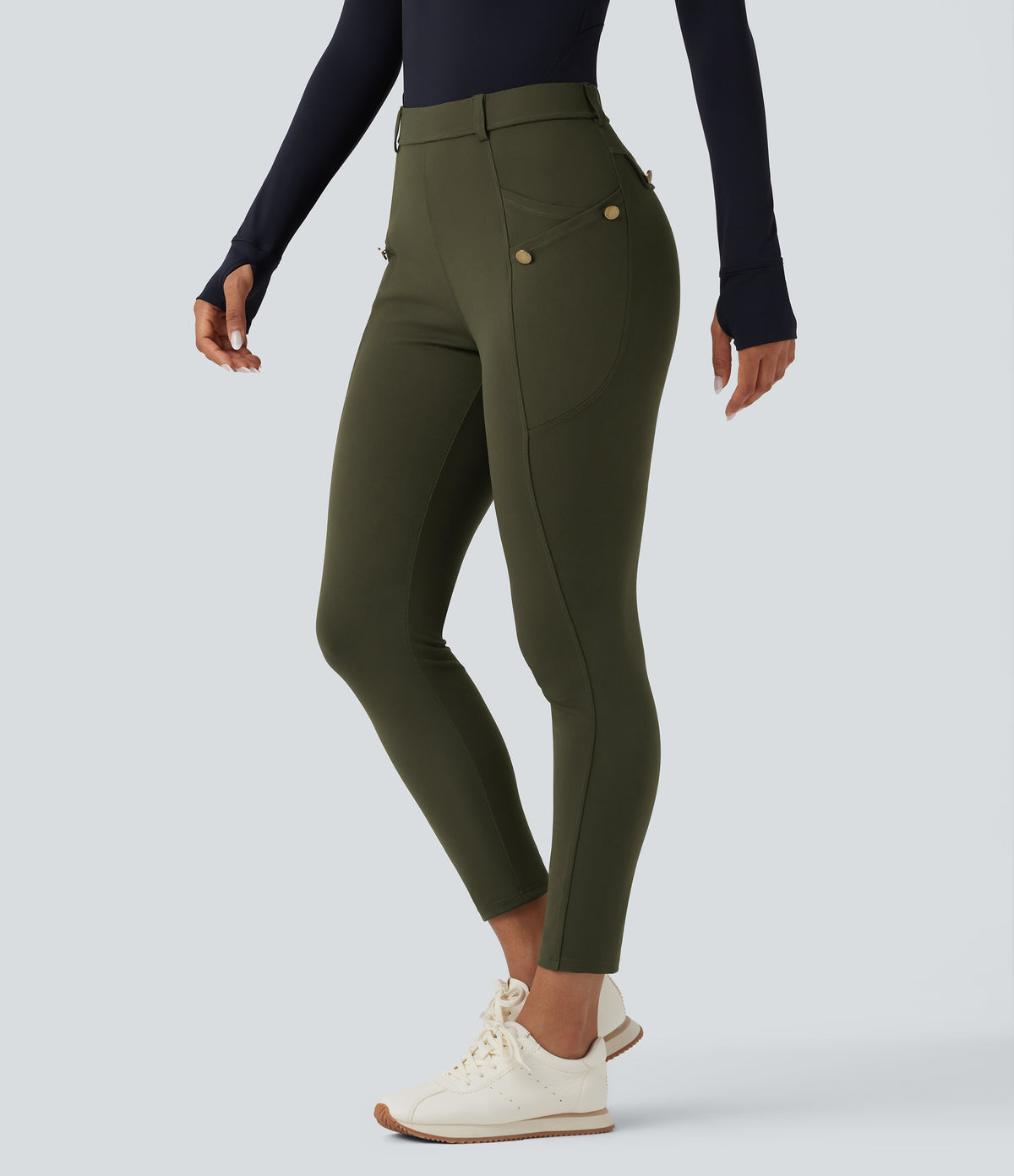 High Waisted Slim Trousers with Pockets — Forest Night — view 3