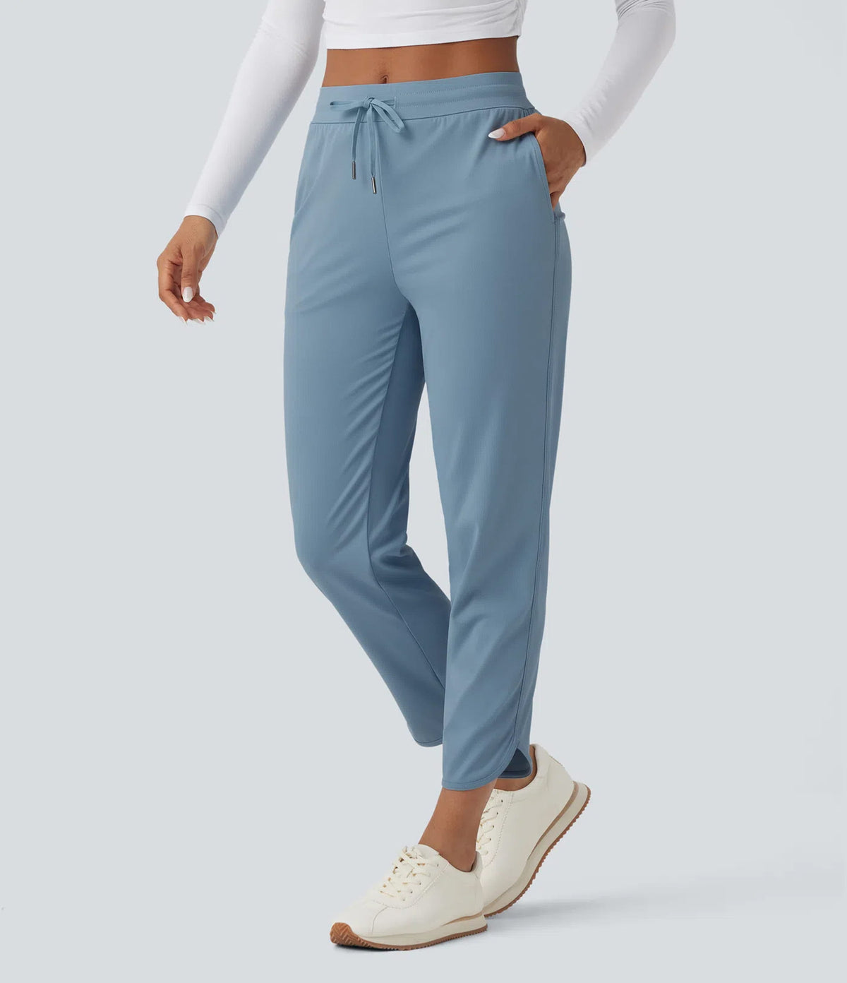 Mid Rise Drawstring Curved Hem Quick Dry Golf Tapered Trousers with Pockets-UPF40+ — Mountain Spring — view 1