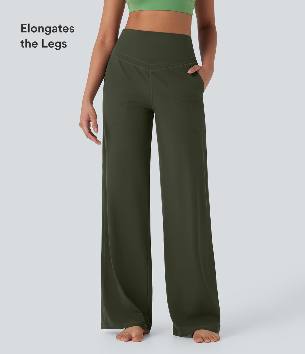 High Waisted Tummy Control Straight Leg Yoga Trousers with Pockets — Deep Woodland Green — view 5