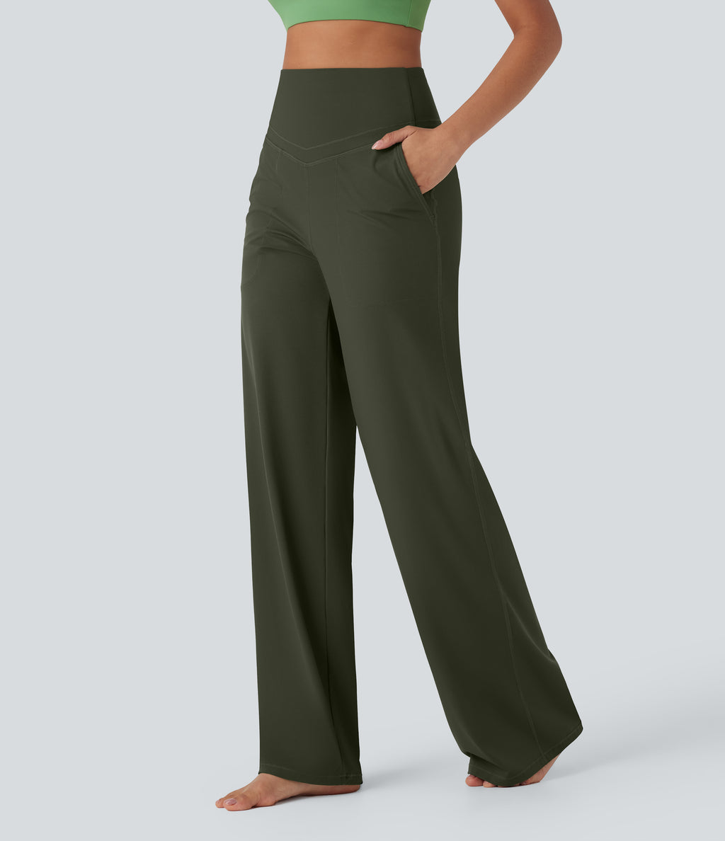 High Waisted Tummy Control Straight Leg Yoga Trousers with Pockets — Deep Woodland Green — view 3