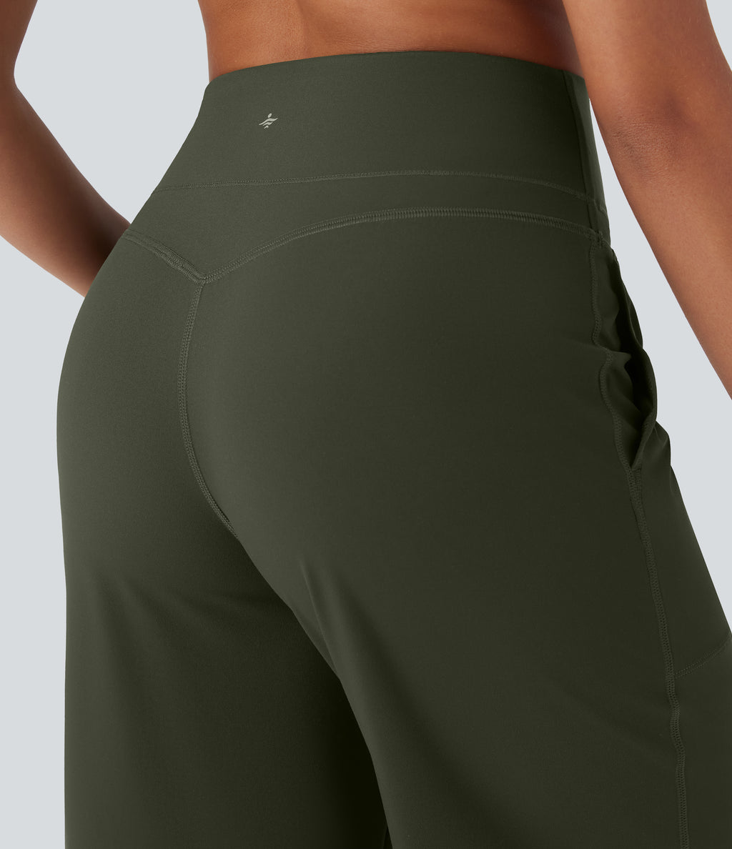 High Waisted Tummy Control Straight Leg Yoga Trousers with Pockets — Deep Woodland Green — view 8