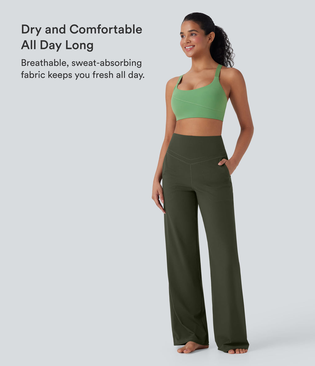 High Waisted Tummy Control Straight Leg Yoga Trousers with Pockets — Deep Woodland Green — view 4