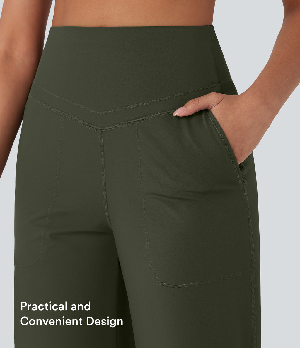 High Waisted Tummy Control Straight Leg Yoga Trousers with Pockets — Deep Woodland Green — view 7