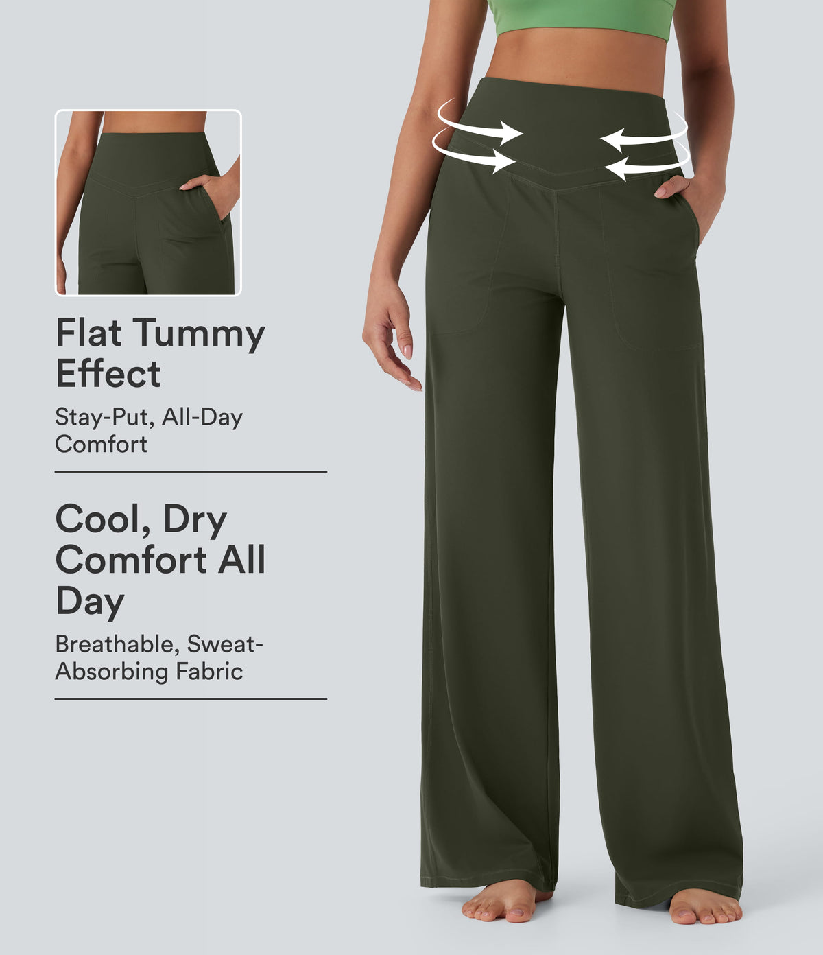 High Waisted Tummy Control Straight Leg Yoga Trousers with Pockets — Deep Woodland Green — view 1