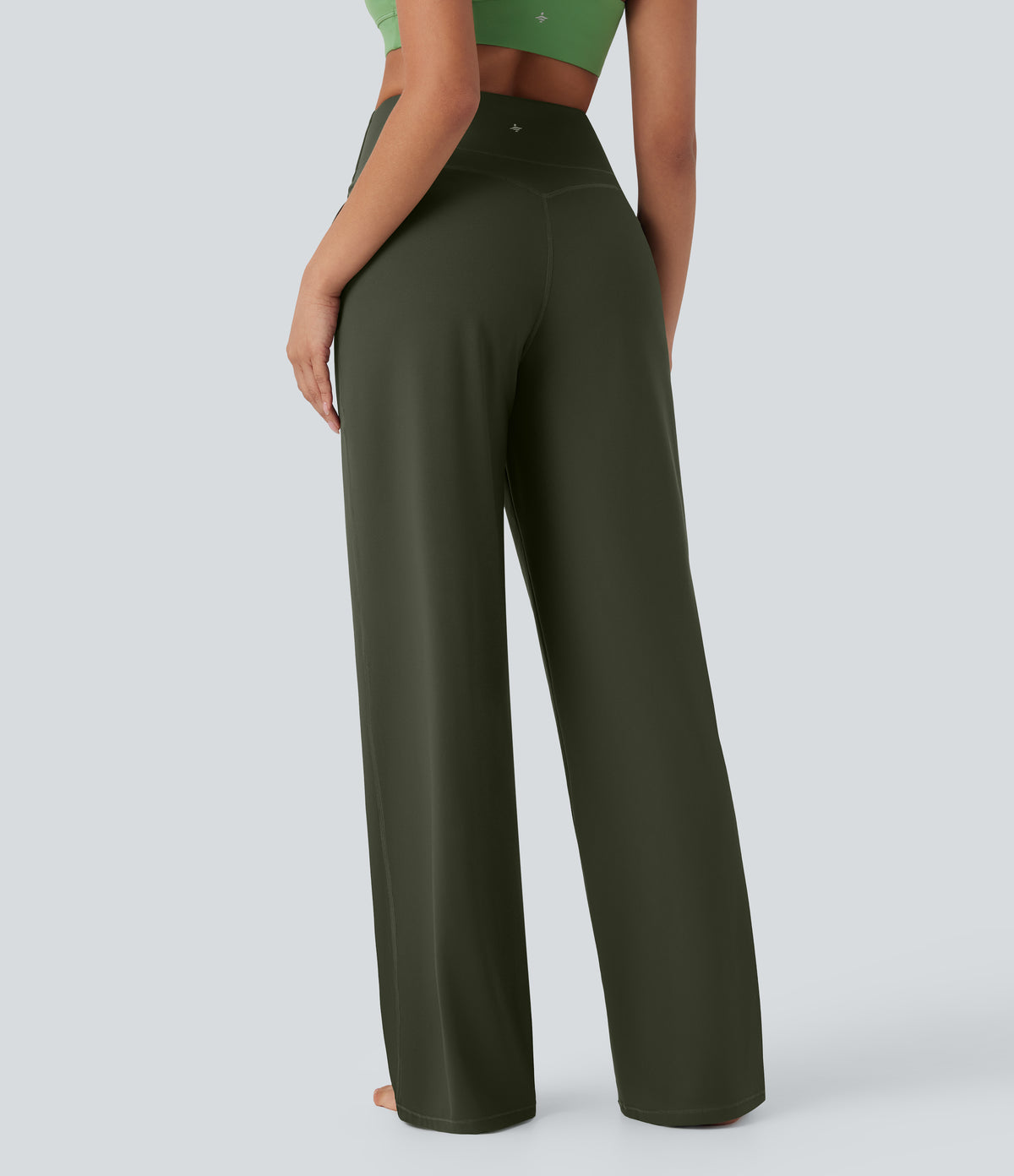 High Waisted Tummy Control Straight Leg Yoga Trousers with Pockets — Deep Woodland Green — view 2