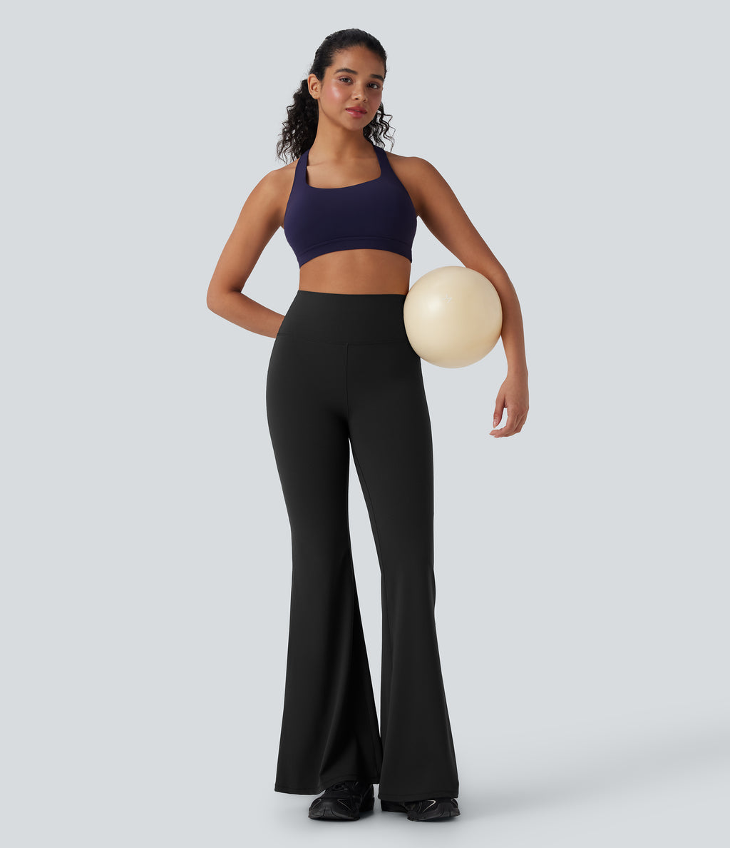 High Waisted Tummy Control Butt Lifting Shaping Yoga Flared Leggings — Black — view 6
