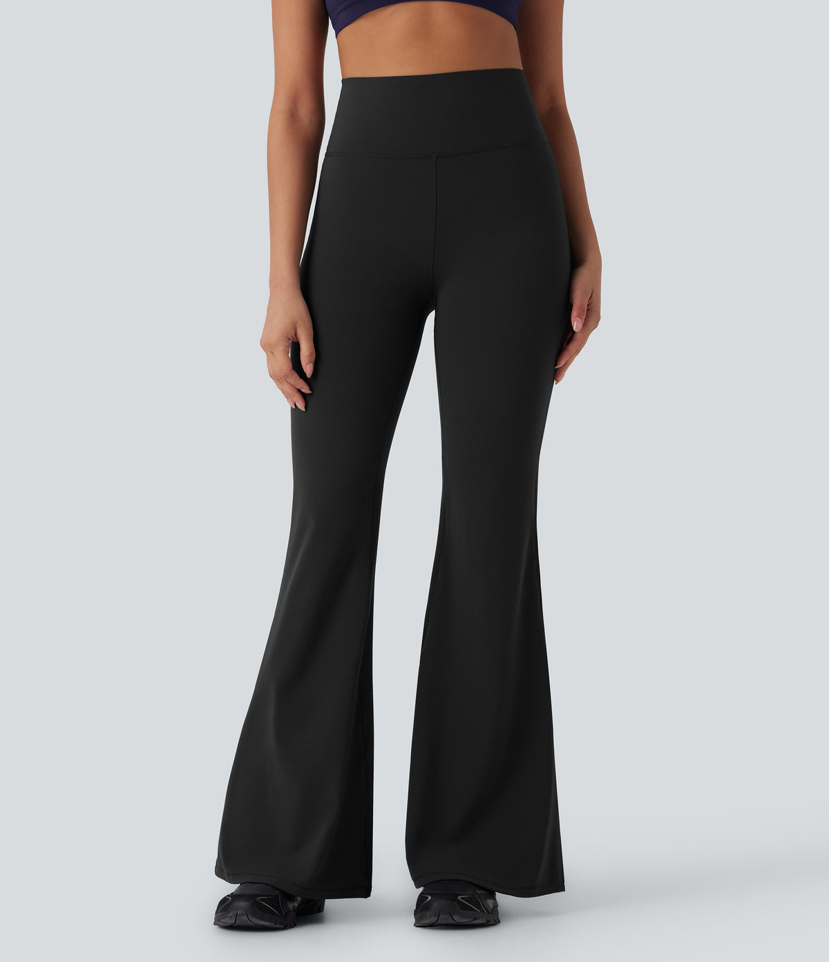 High Waisted Tummy Control Butt Lifting Shaping Yoga Flared Leggings — Black — view 3