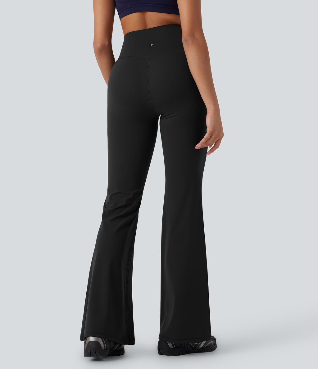 High Waisted Tummy Control Butt Lifting Shaping Yoga Flared Leggings — Black — view 2