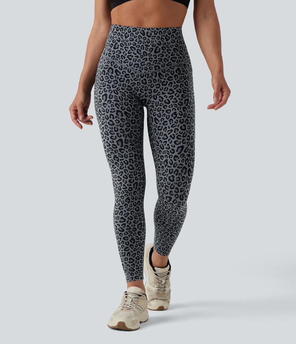 Leopard Print High Waisted Tummy Control Yoga Leggings with Pockets — Charcoal Mist Leopard — view 3