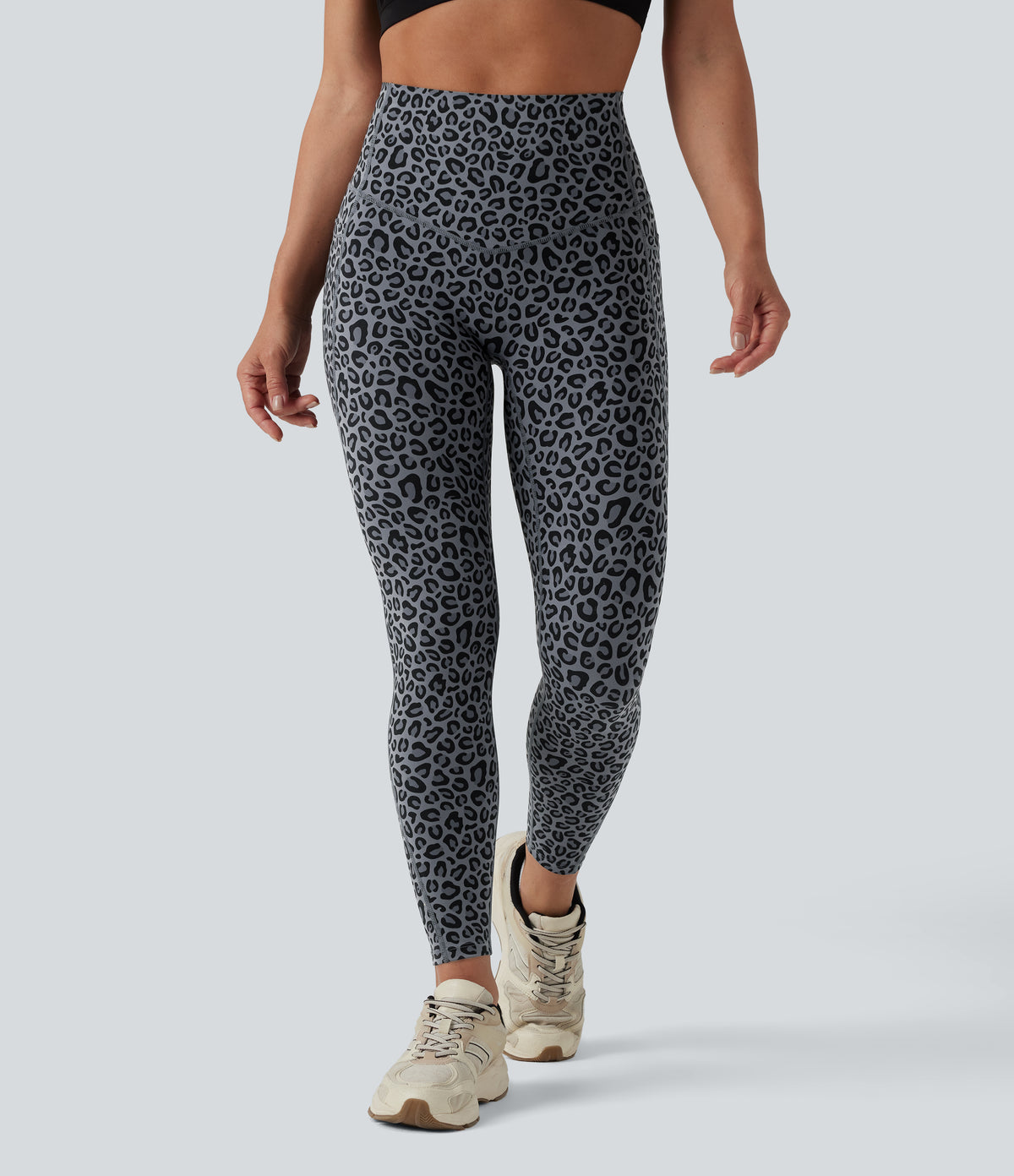 Leopard Print High Waisted Tummy Control Yoga Leggings with Pockets — Charcoal Mist Leopard — view 3